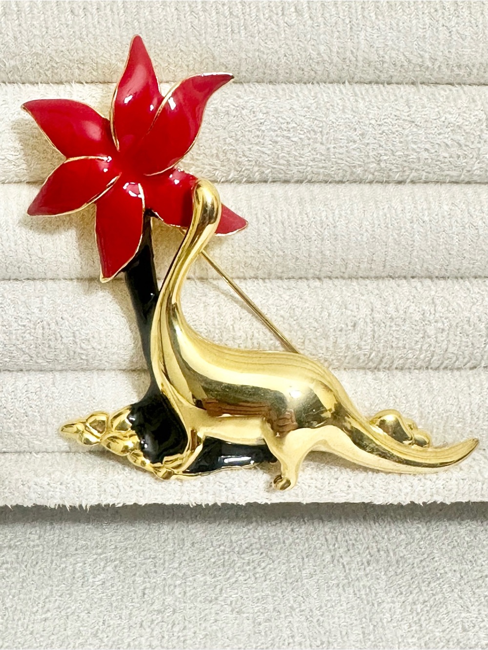 Vintage Gold-Plated Dinosaur Brooch with Red Enamel Flower
